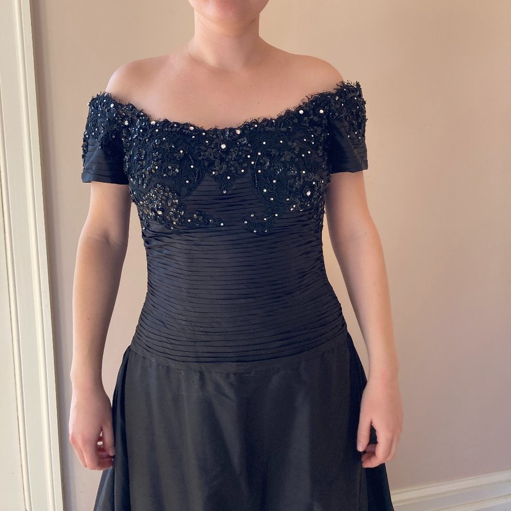 Black, Silk Dress with Silver, Beaded Embroidery by Vasarri - Picture 6 of 14